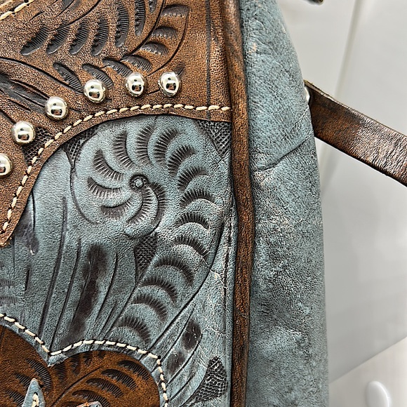 American West Gorgeous Light Blue/Brown Floral Leather Shoulder Bag Purse 🌸🌸 - Picture 12 of 14